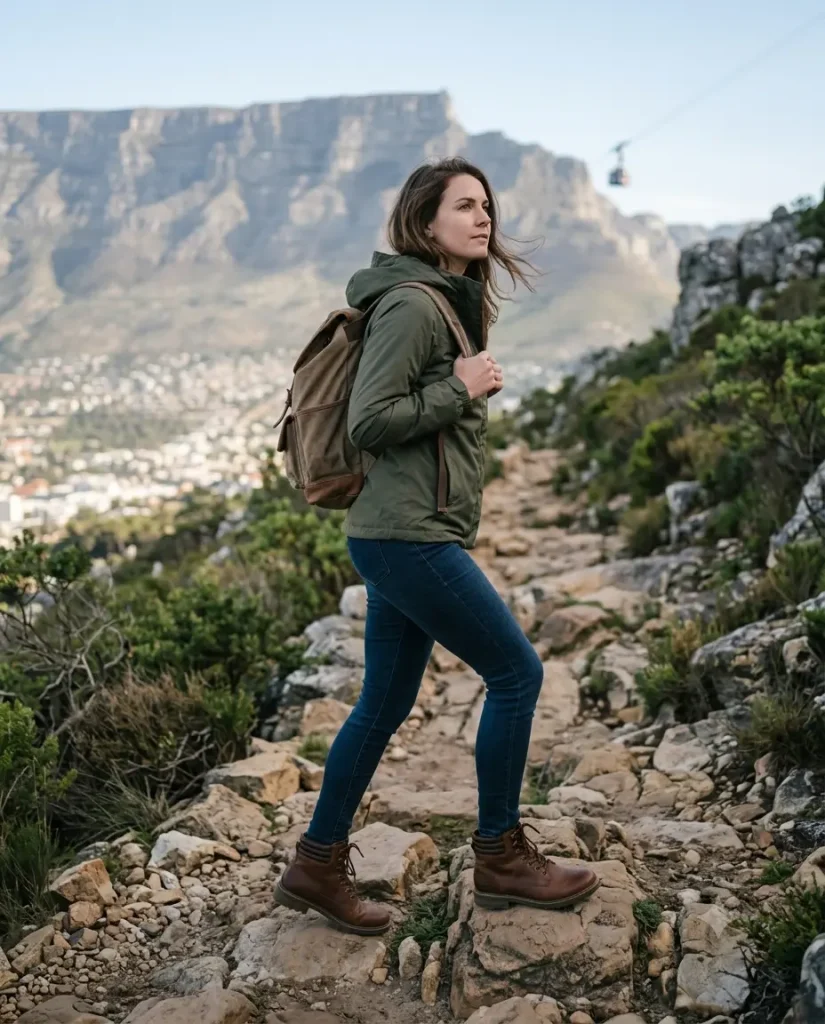 Woman in waterproof boots and dark jeans hiking near Table Mountain