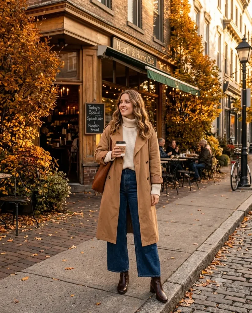 Trench coat and wide-leg denim fall brunch outfit