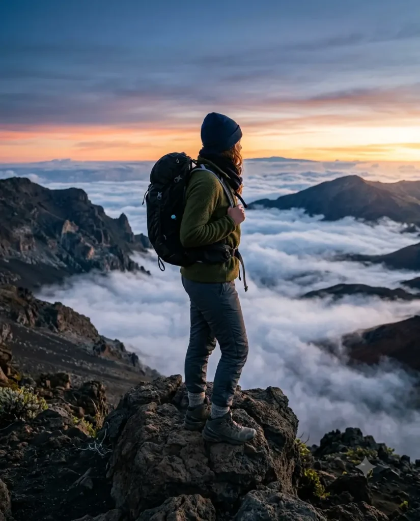 Cold-weather layered outfit for Haleakalā sunrise hike