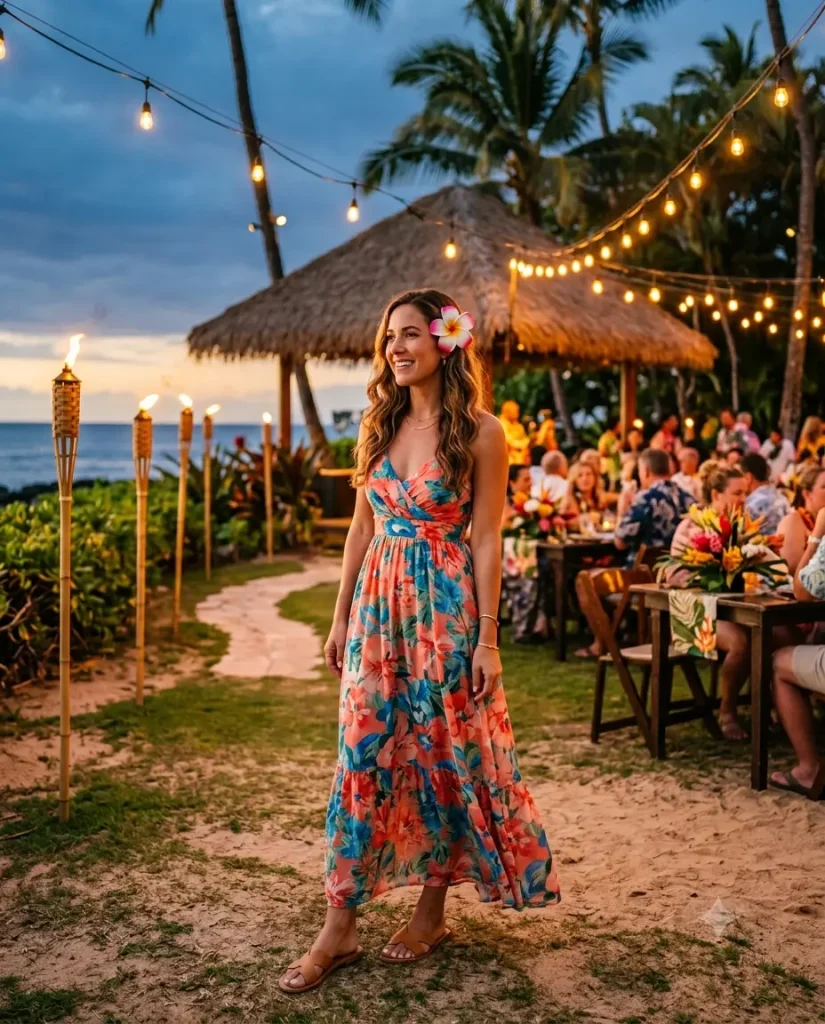Luau outfit idea with floral maxi dress
