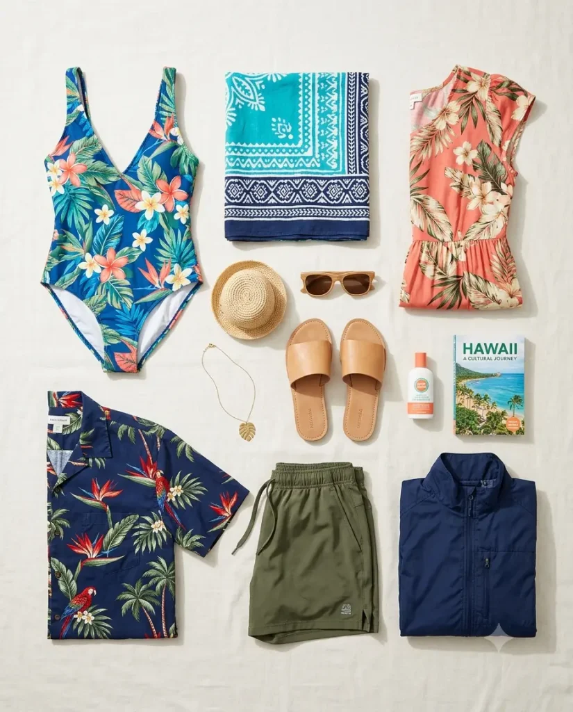 Hawaii outfit ideas packing capsule flat lay