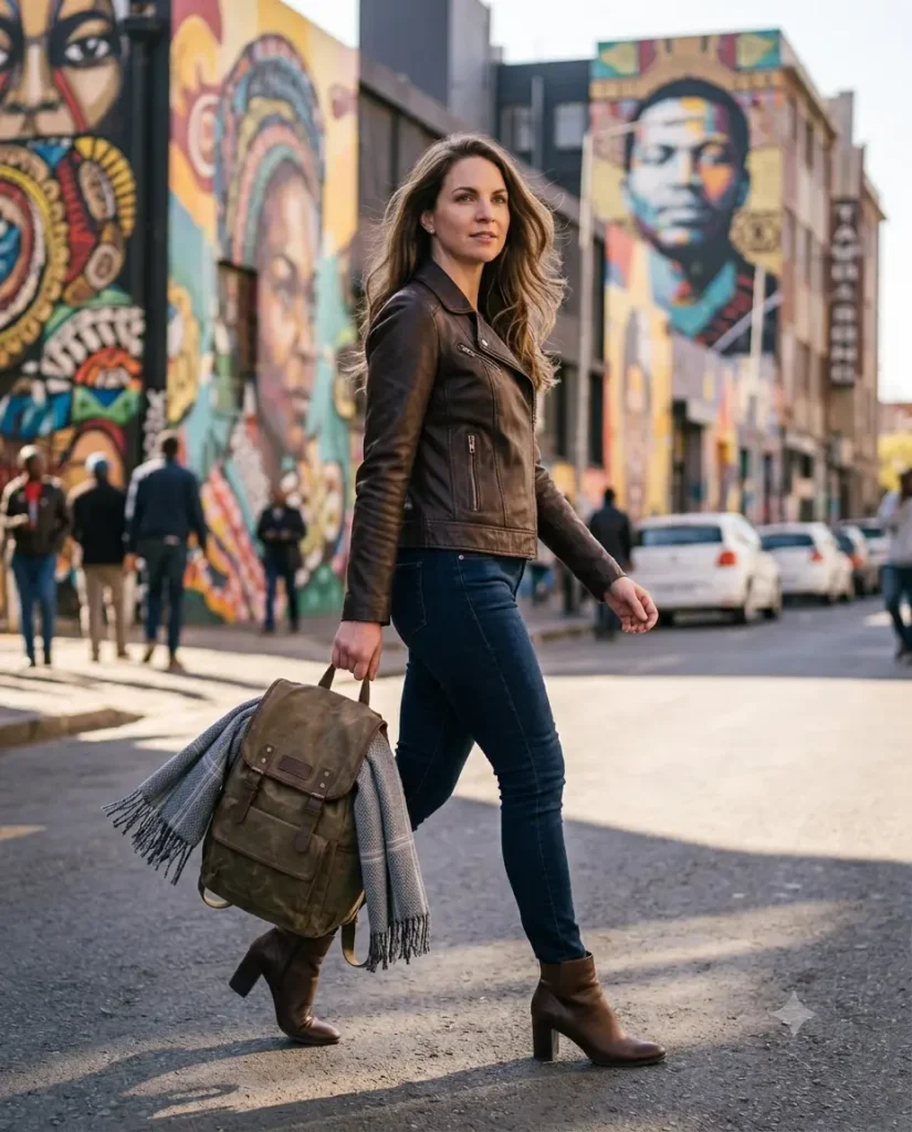 Traveler in leather jacket and dark denim walking through Maboneng