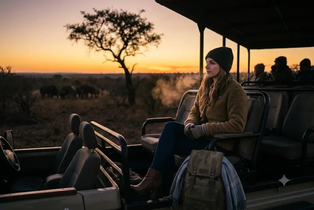 Traveler bundled in fleece and beanie on an open safari vehicle at sunrise
