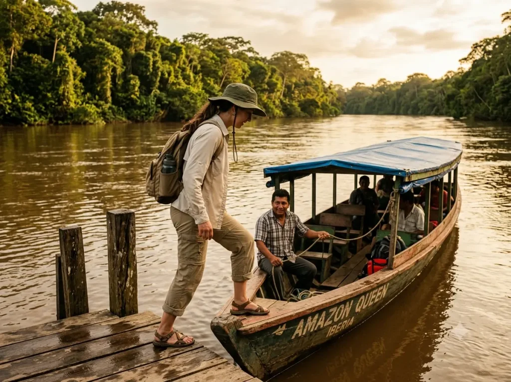 Woman in lightweight long sleeves boarding a boat on an Amazon tributary