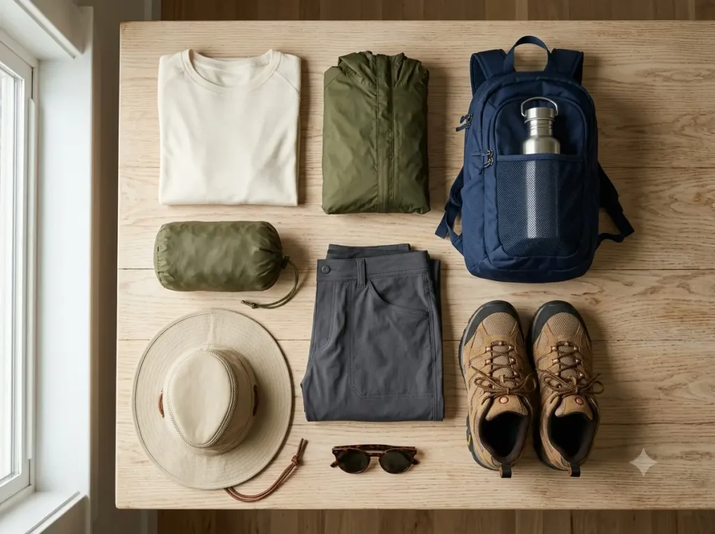 Flat lay of merino layers, packable rain jacket, and hiking pants for Peru in April