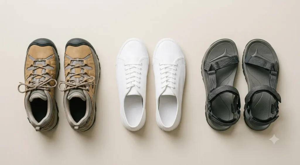 Footwear lineup for Peru in April: waterproof hiking shoes, sneakers, and sandals