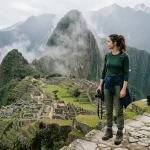 Woman in layered outfit overlooking Machu Picchu ruins in April mist
