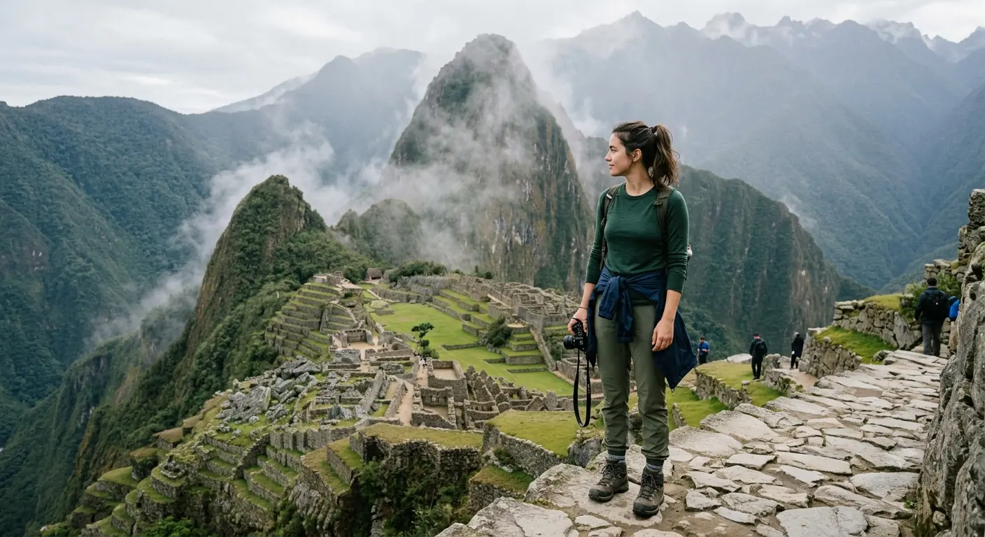 Woman in layered outfit overlooking Machu Picchu ruins in April mist