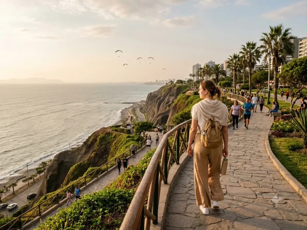 Woman in linen outfit walking along the Malecón clifftop path in Lima
