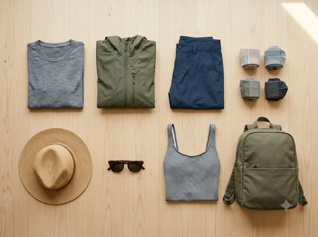 Peru April packing checklist flat-lay of essential travel items