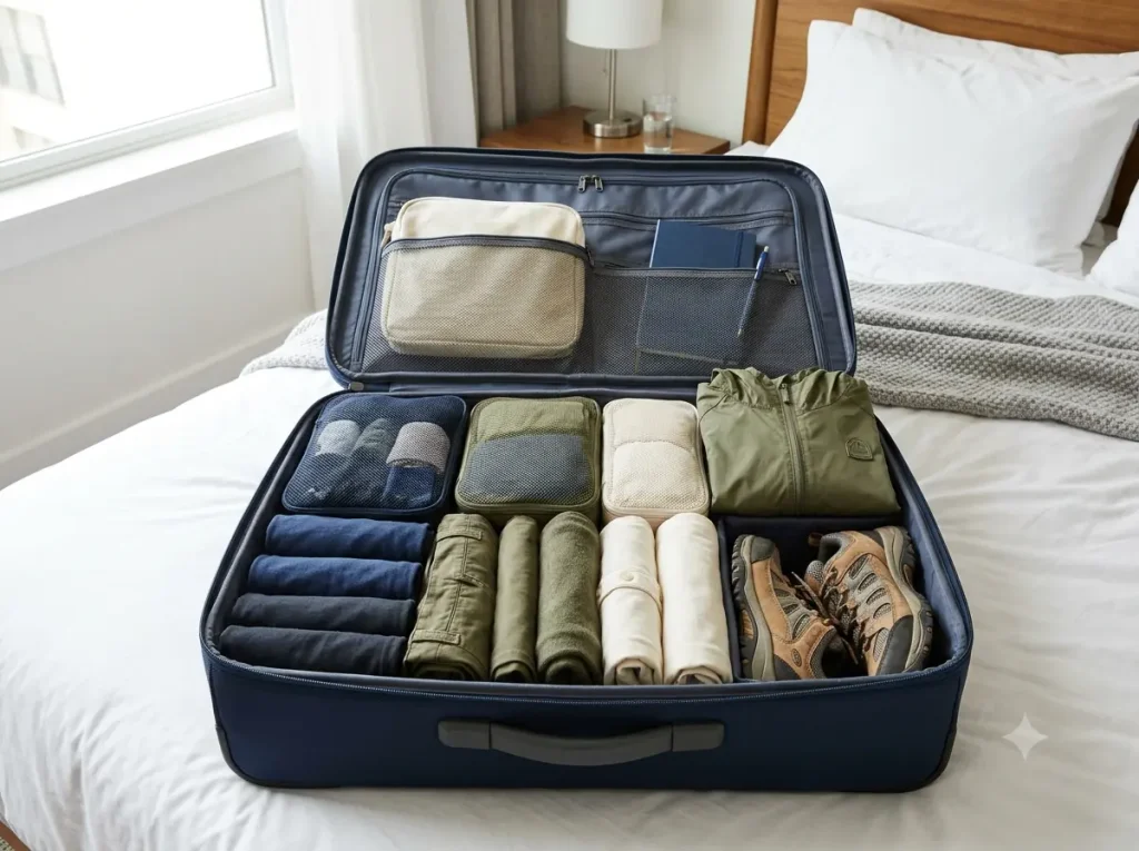 Open carry-on suitcase packed with rolled clothing for a Peru trip