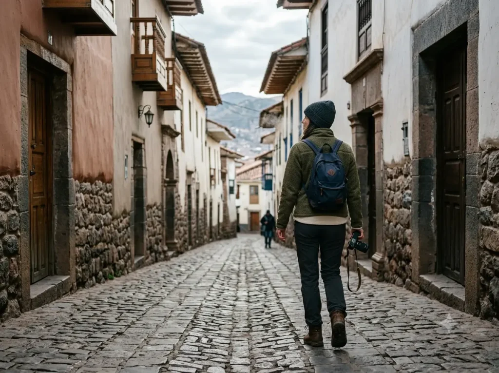 Woman in fleece layer walking a cobblestone Cusco street in cool morning light