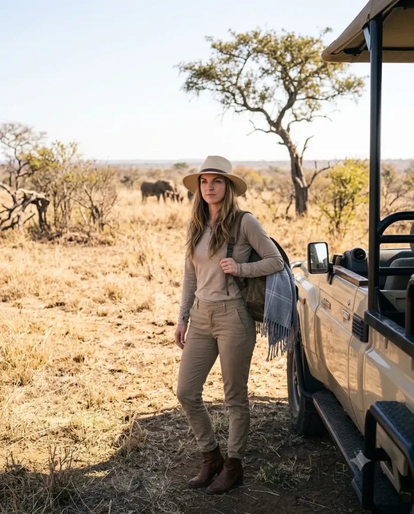 Traveler in khaki and beige layers with wide-brimmed hat on a game drive