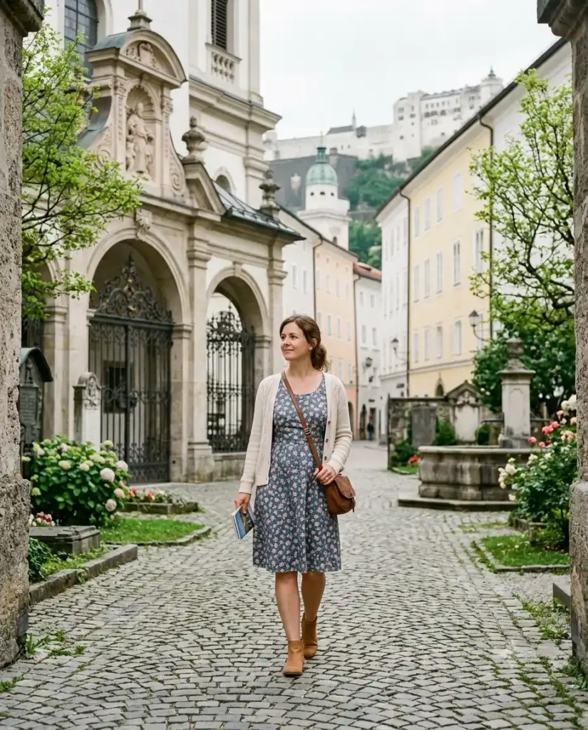 Conservative-chic outfit for sightseeing in Salzburg