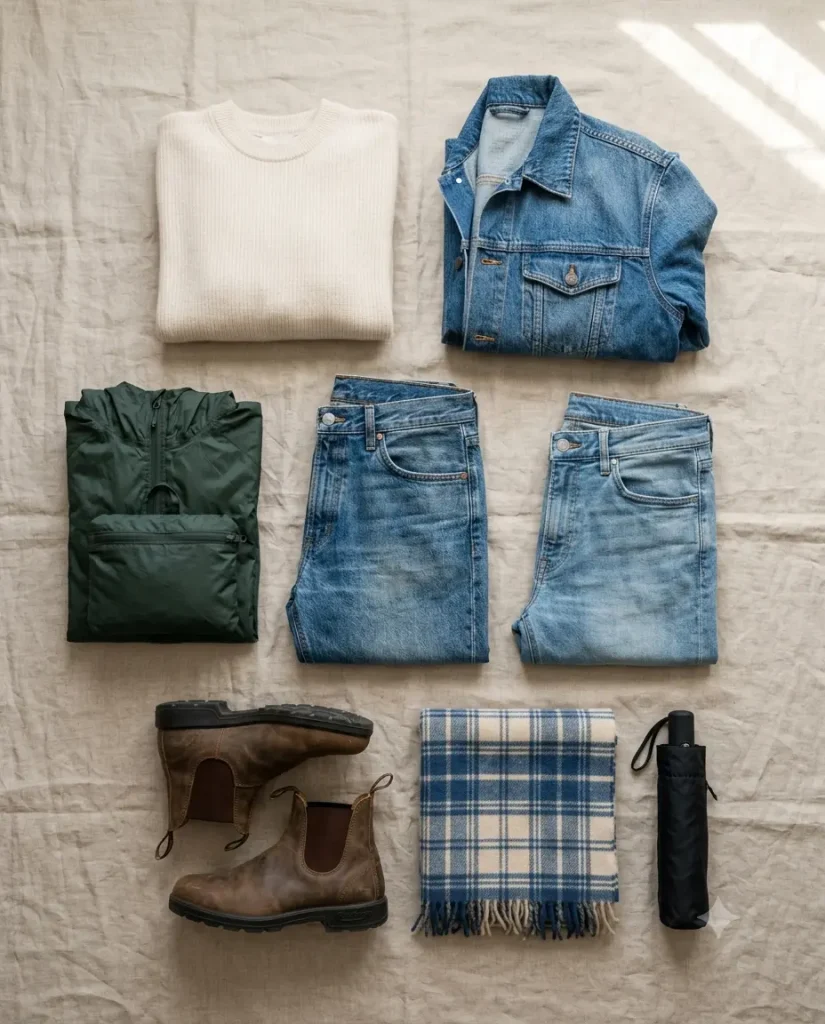 San Francisco outfit ideas capsule wardrobe flat lay with jeans, layers, and a packable rain jacke