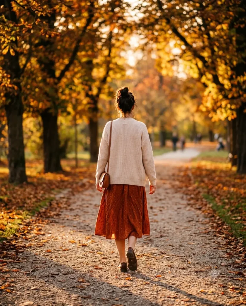 Fall San Francisco outfit idea with a flowy midi dress and light cardigan at golden hour