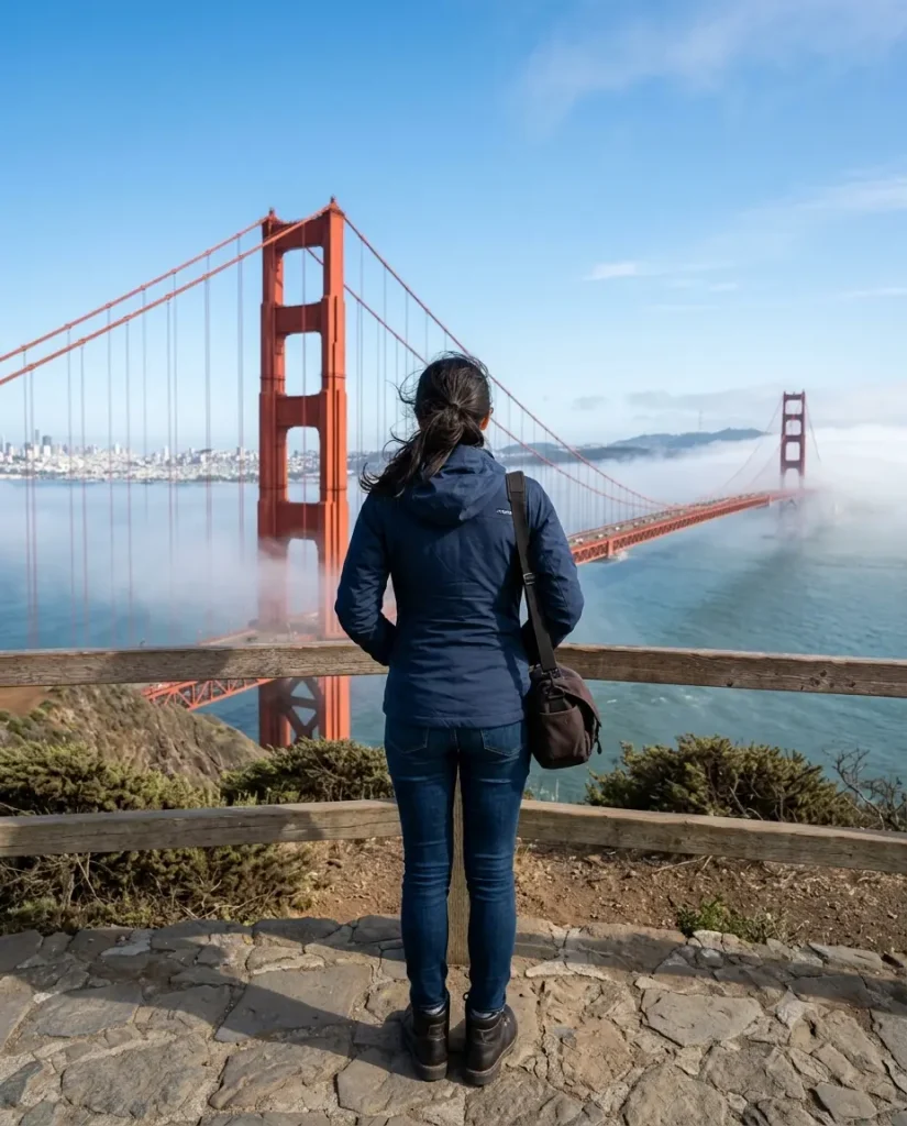 Windproof San Francisco outfit idea for photos at the Golden Gate Bridge
