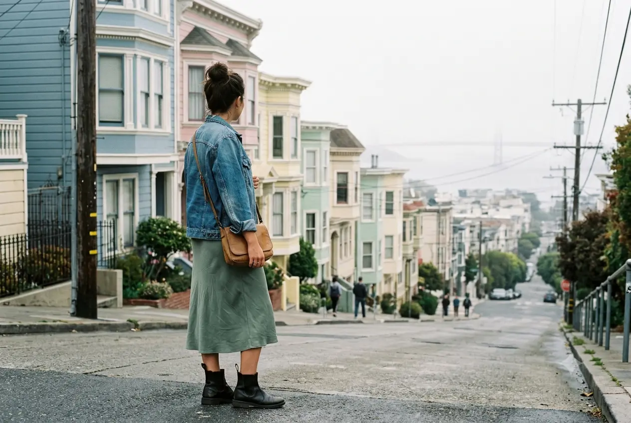 Woman wearing a layered San Francisco outfit idea with a denim jacket and ankle boots in front of the Painted Ladies