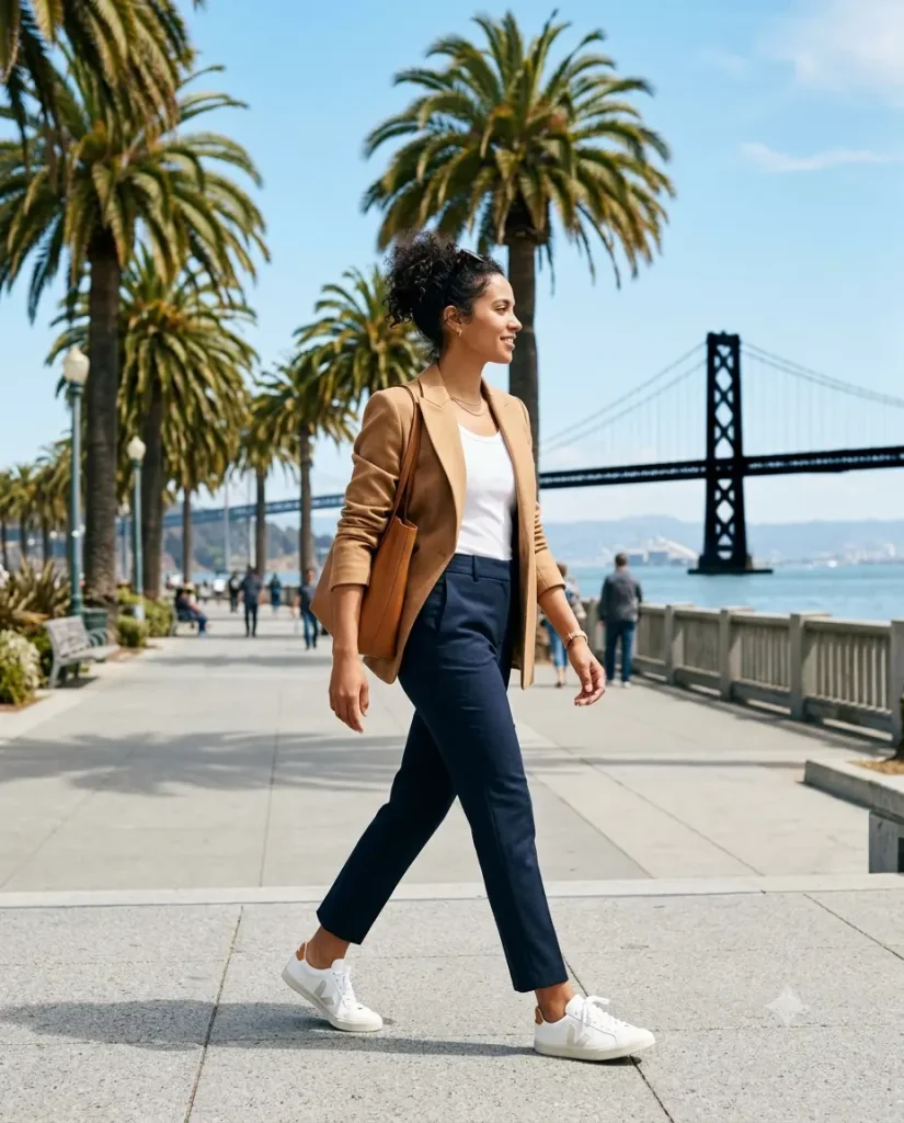 Tech-casual San Francisco outfit idea with a blazer and tailored trousers along the Embarcadero