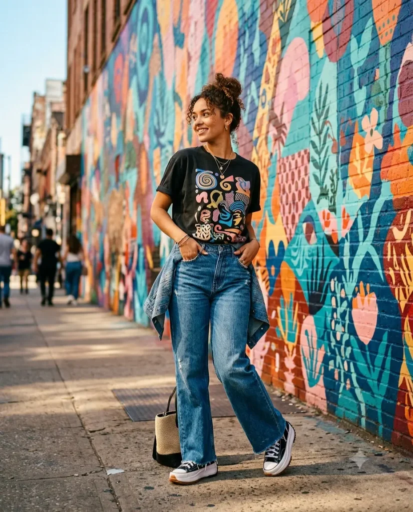 Boho San Francisco outfit idea for the Mission District with a graphic tee and platform sneakers