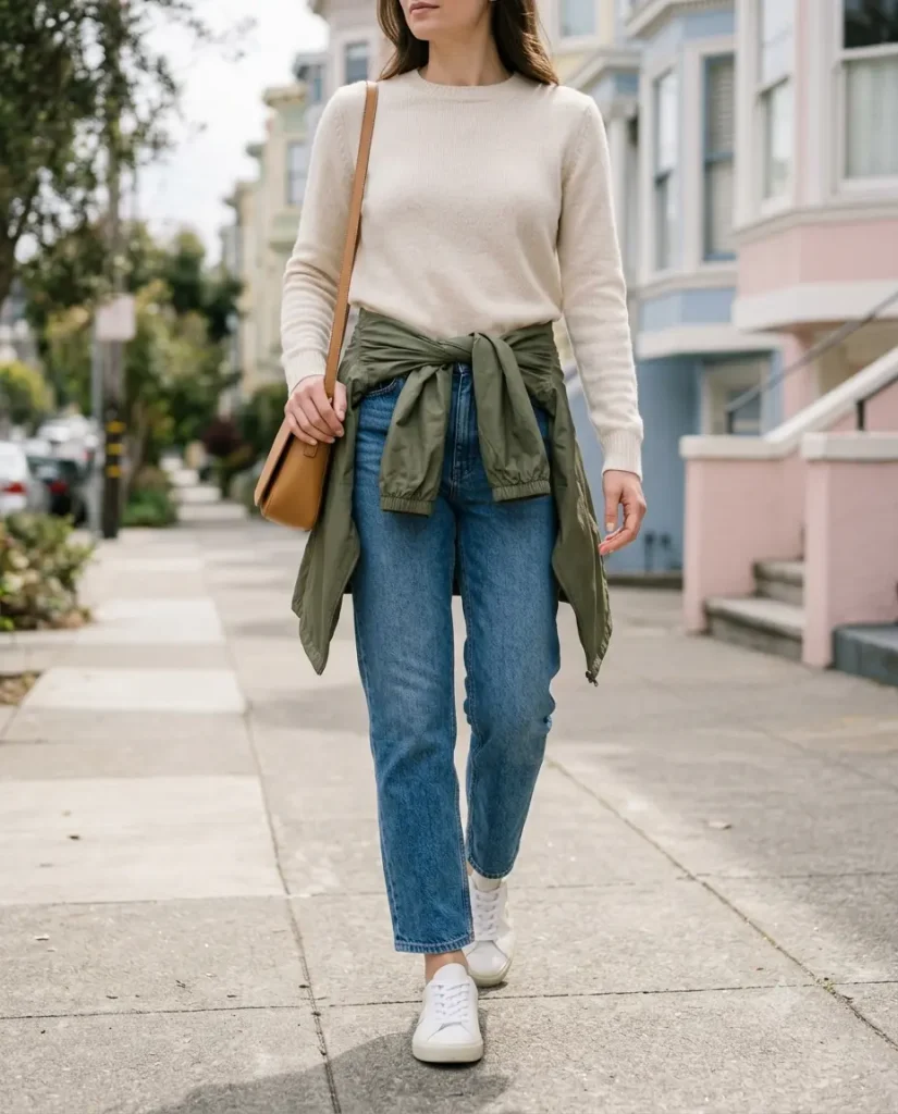 Spring San Francisco outfit idea with a lightweight sweater, straight-leg jeans, and a water-resistant jacket