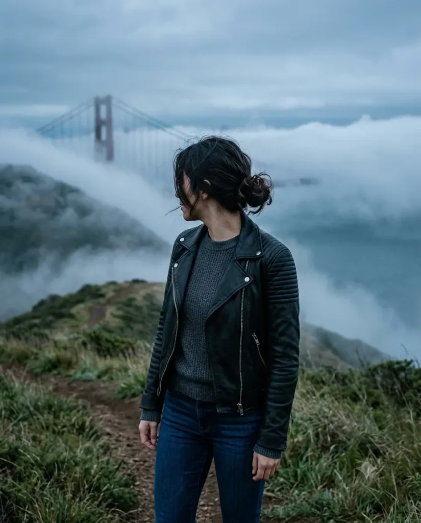 Summer San Francisco outfit idea layered for fog with a merino sweater and moto jacket