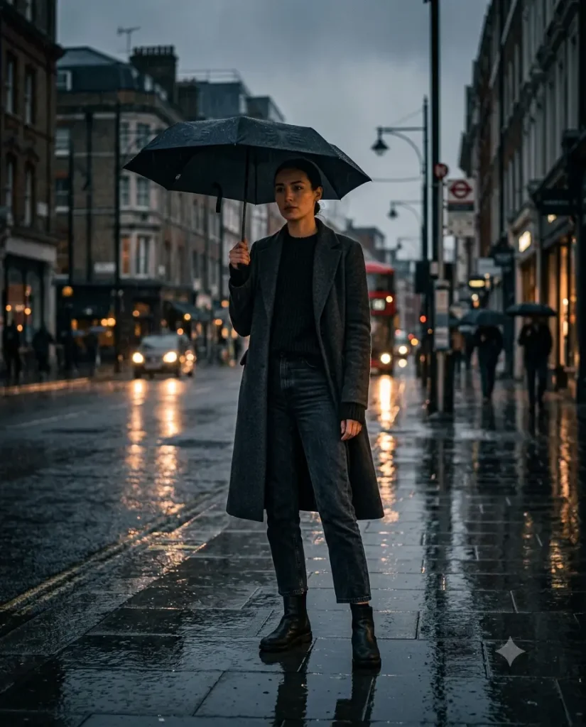 Winter San Francisco outfit idea with a wool coat, waterproof boots, and umbrella