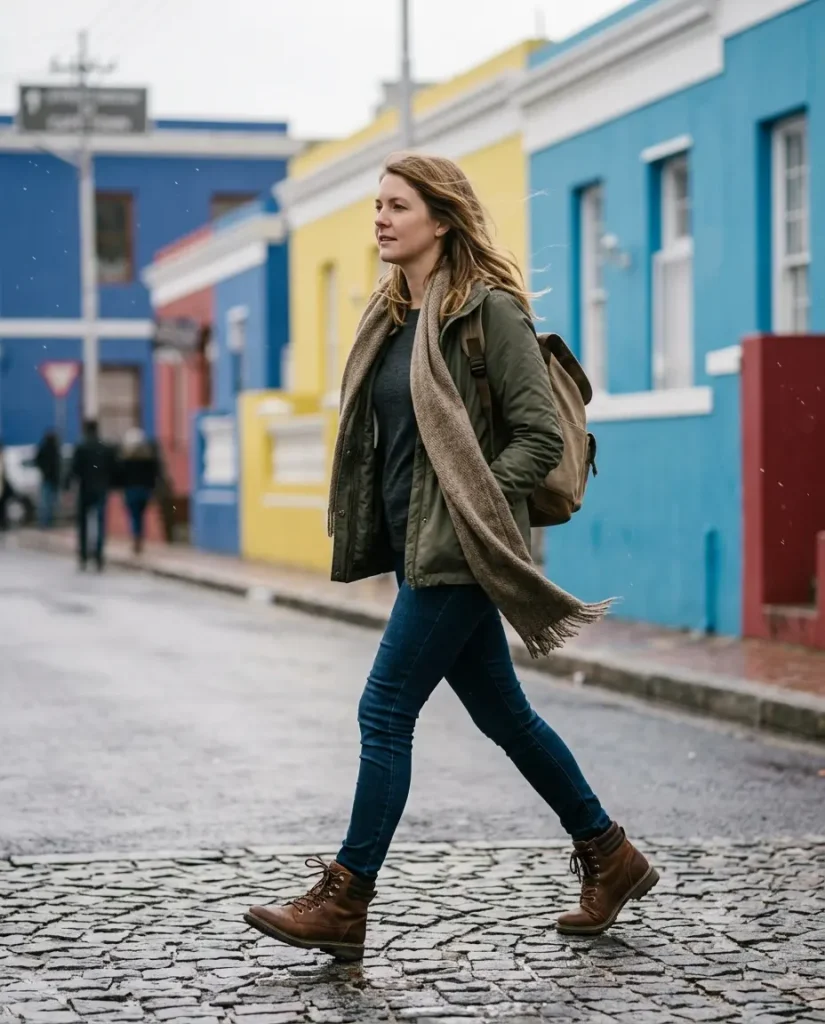 Traveler in windproof jacket and scarf walking through Cape Town in August wind