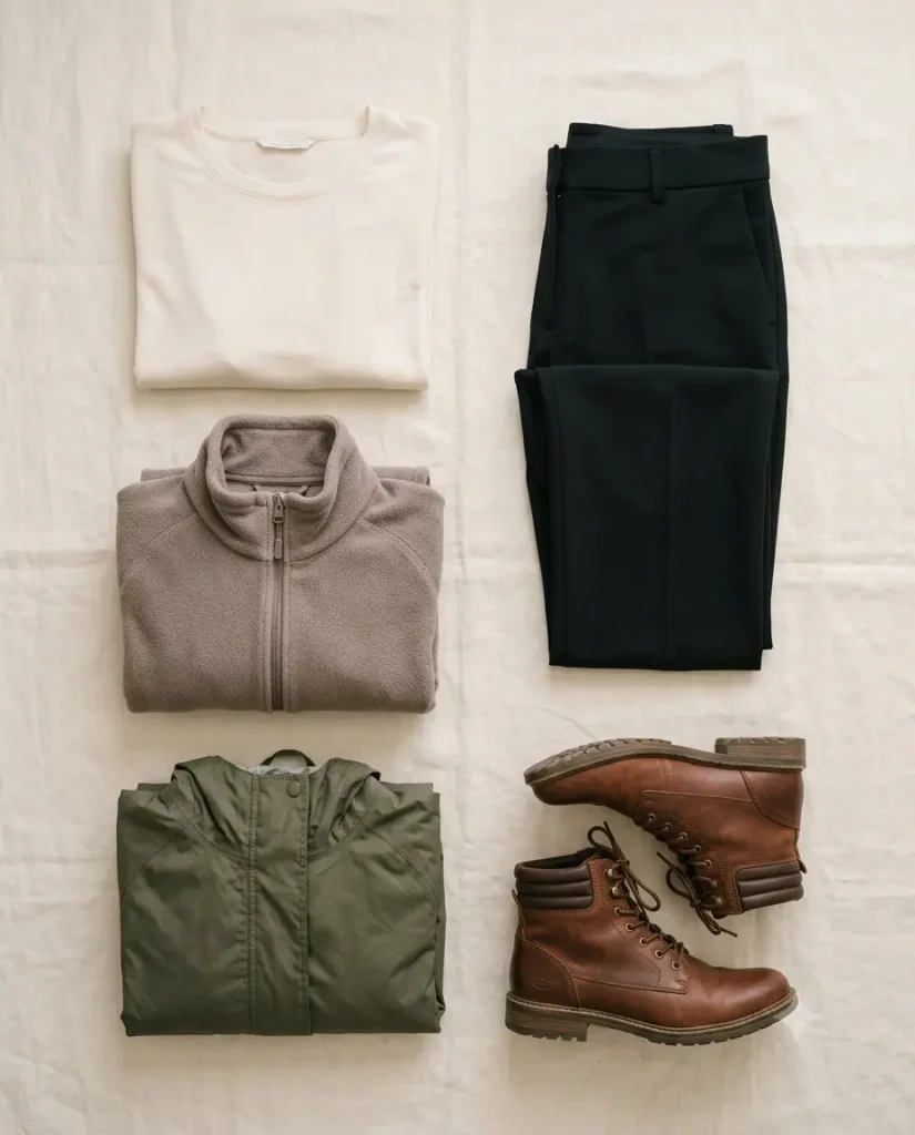 Flat-lay of merino base layer, fleece, waterproof shell, and structured pants