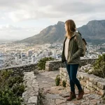 Woman in layered outfit overlooking Cape Town with Table Mountain in winter light