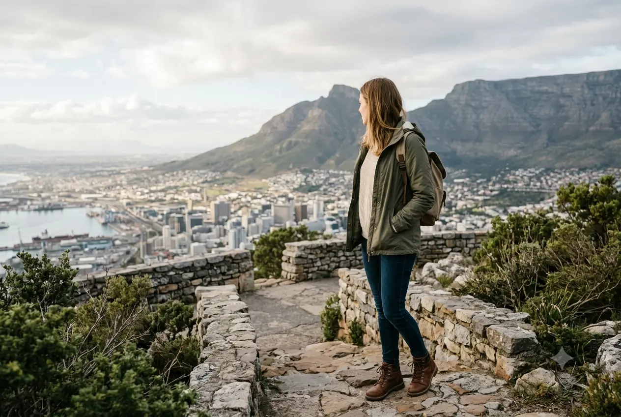 Woman in layered outfit overlooking Cape Town with Table Mountain in winter light