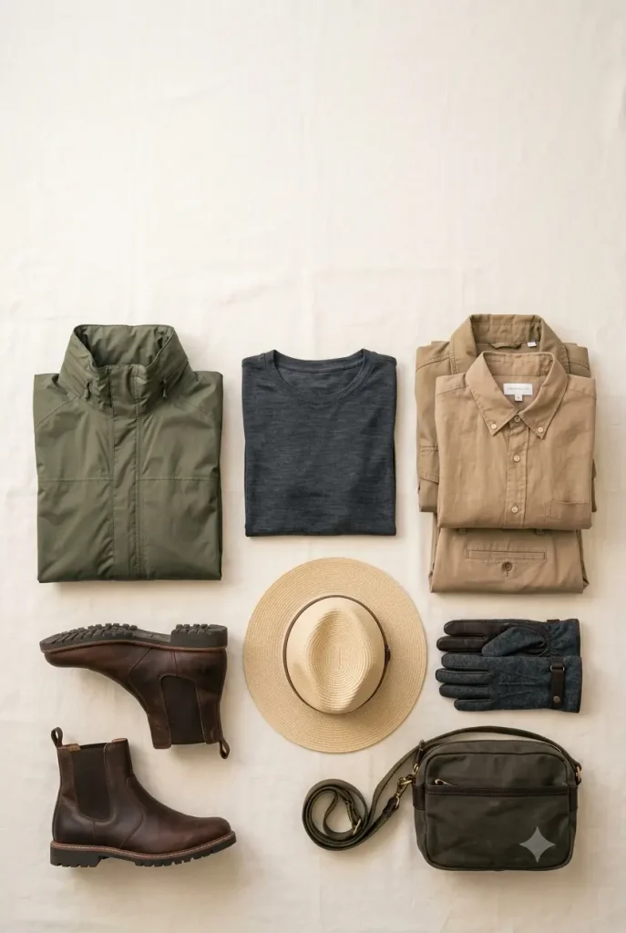 Flatlay packing list graphic for a South Africa August trip