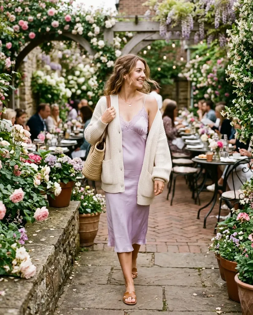 Pastel slip dress and cardigan for spring brunch outfit
