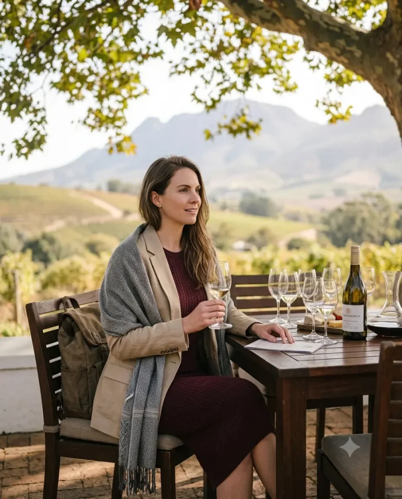 Woman in knit dress and blazer at a Stellenbosch vineyard tasting table