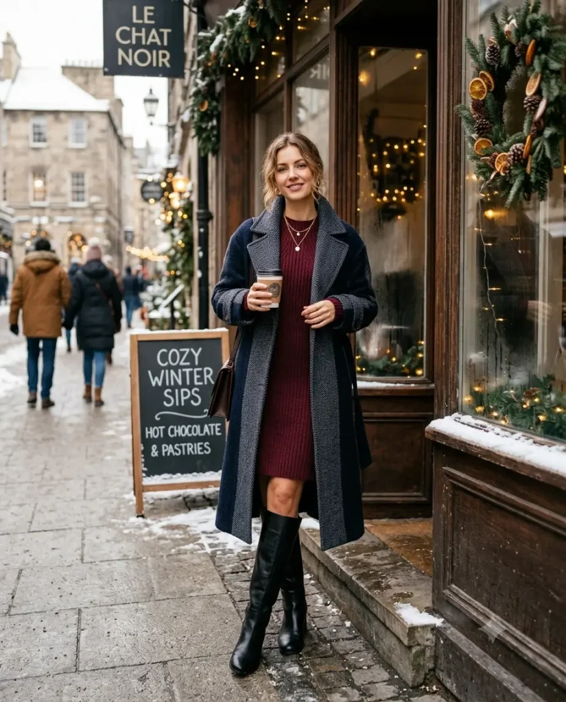 Sweater dress and tall boots winter brunch outfit
