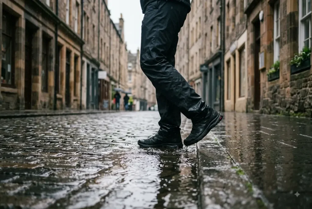 Wet cobblestone street in Edinburgh Old Town in the rain, June