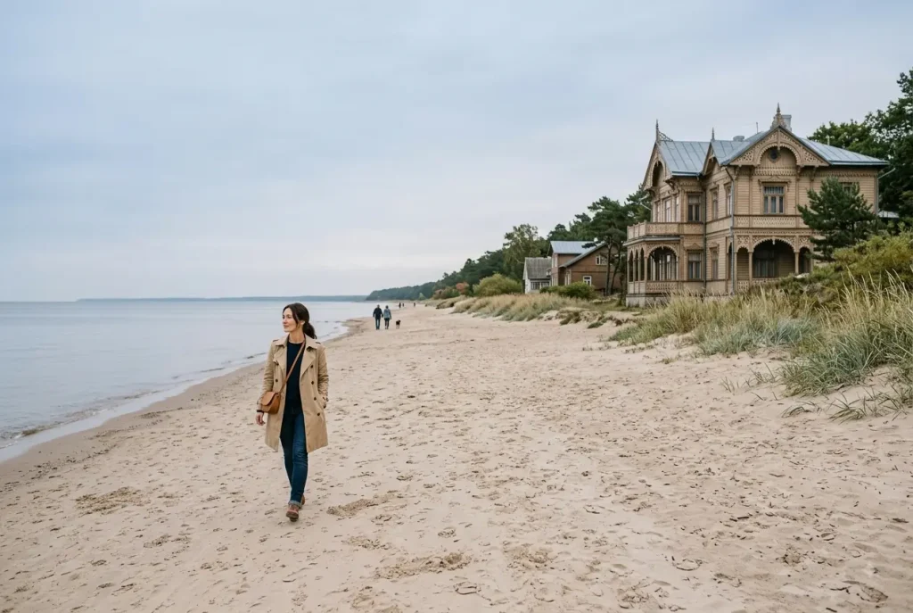 Jurmala beach and wooden villa architecture near Riga in September