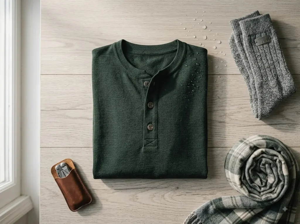 Merino wool long-sleeve henley base layer flatlay for a Scotland packing list