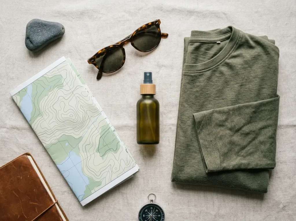 Flatlay of midge repellent and packing essentials for the Scottish Highlands