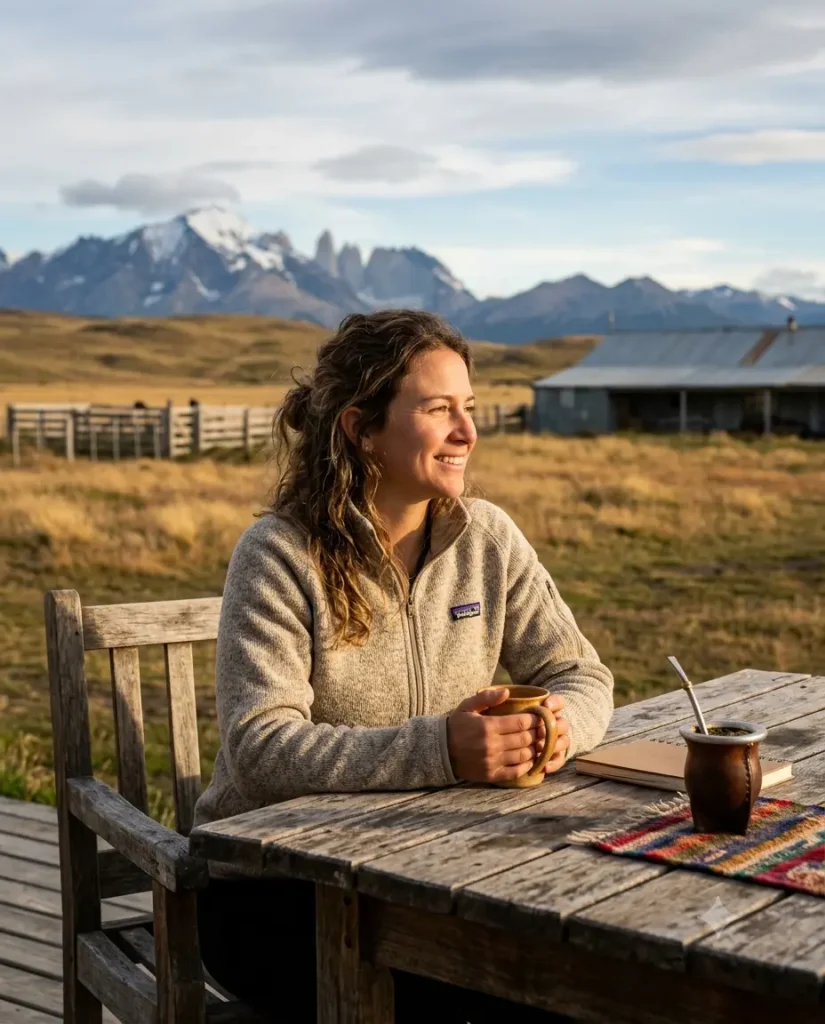 Woman wearing fleece jacket at Patagonian estancia in November