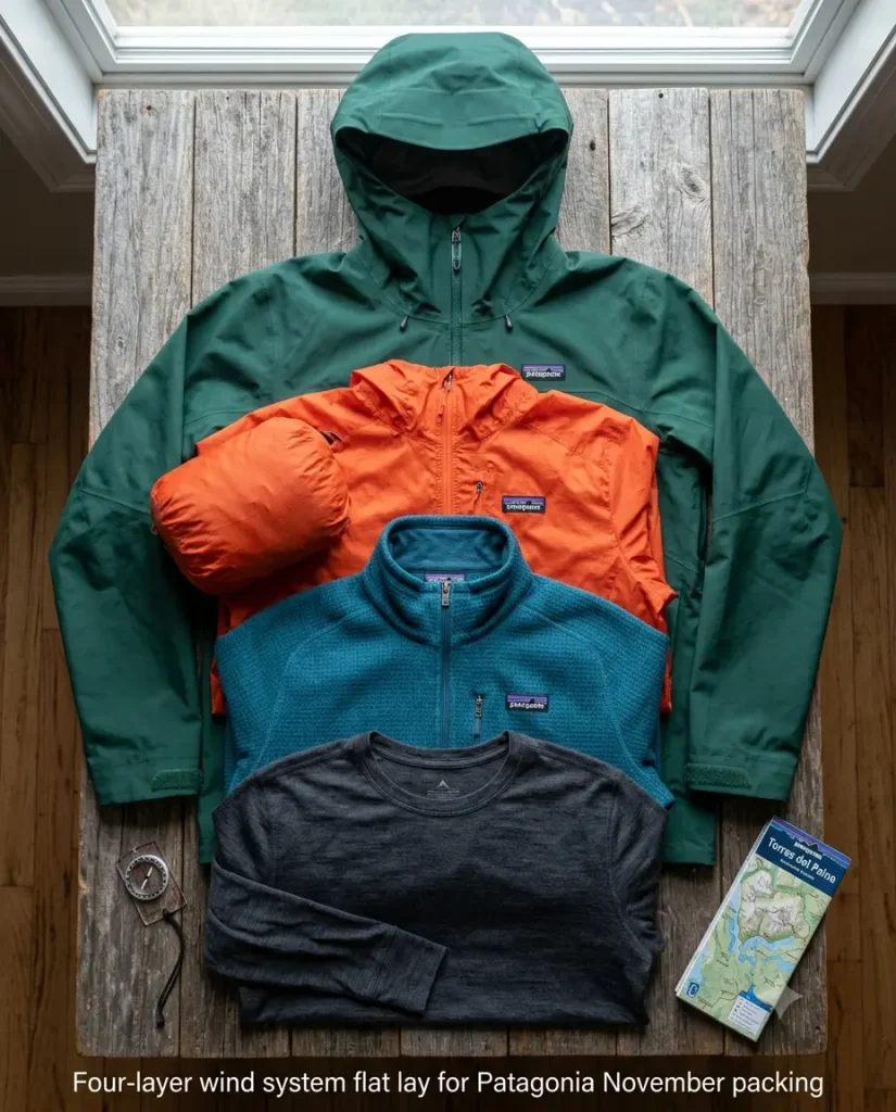 Four-layer wind system flat lay for Patagonia November packing