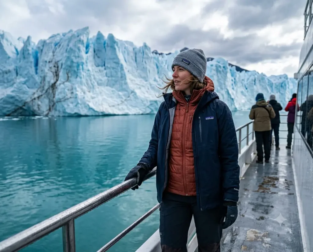 Woman layered for wind on Perito Moreno glacier boat tour