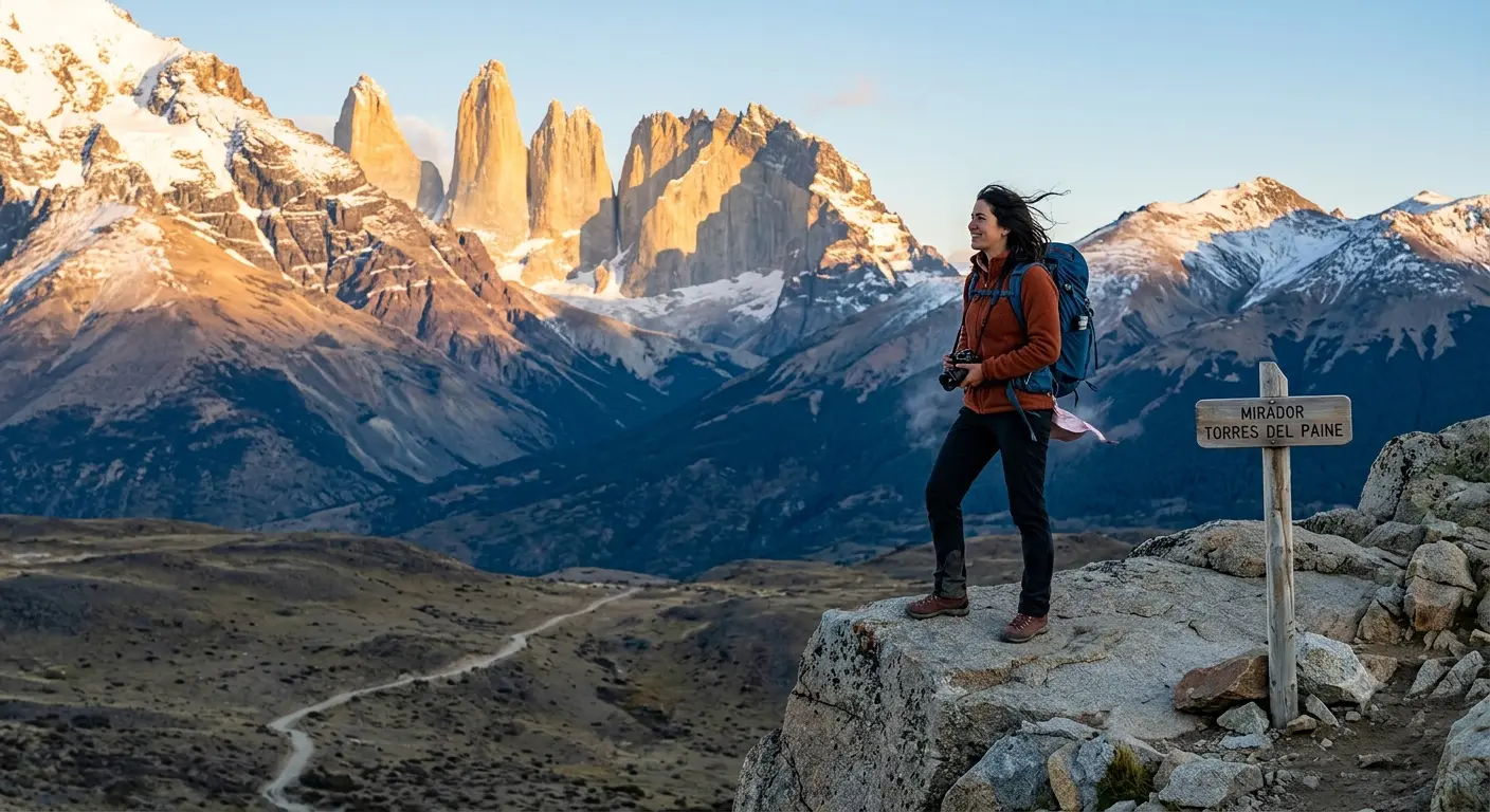 Woman in windproof layers hiking in Torres del Paine in November wind