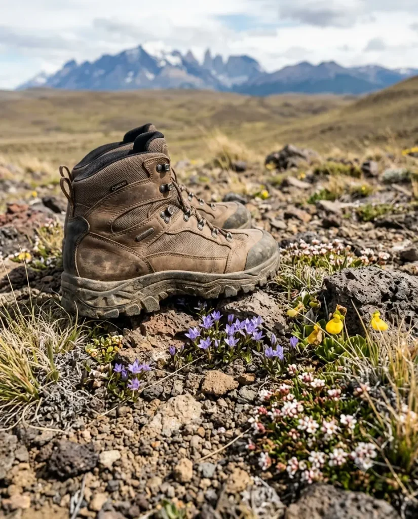 Waterproof hiking boots on Patagonian steppe in November