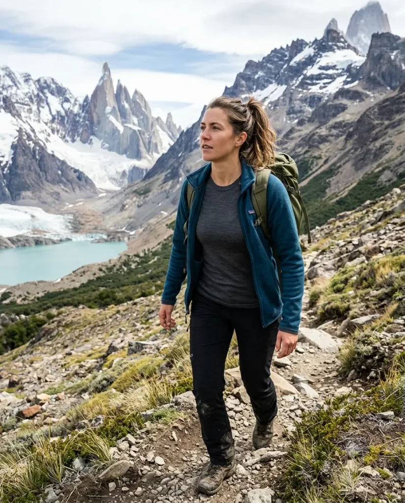 Woman wearing merino base layer hiking in Patagonia