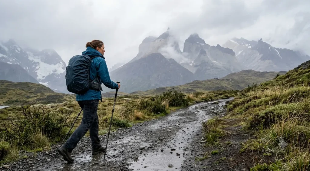 Woman in waterproof shell jacket in Patagonia rain