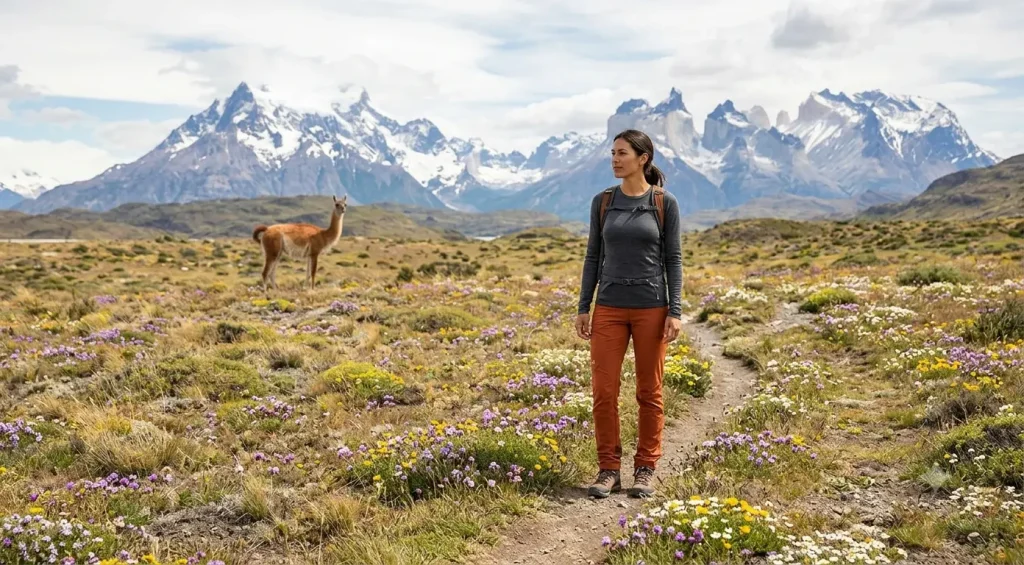 Woman in fitted layers among Patagonian wildflowers and guanacos in November