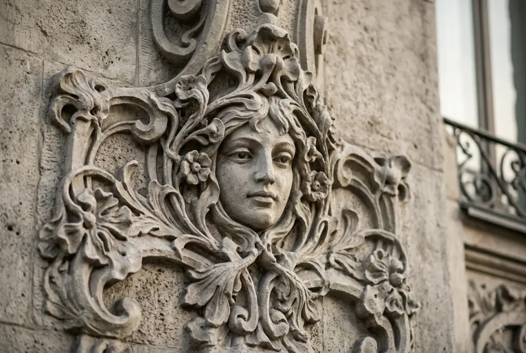 Close-up of Art Nouveau carved stone facade detail in Riga
