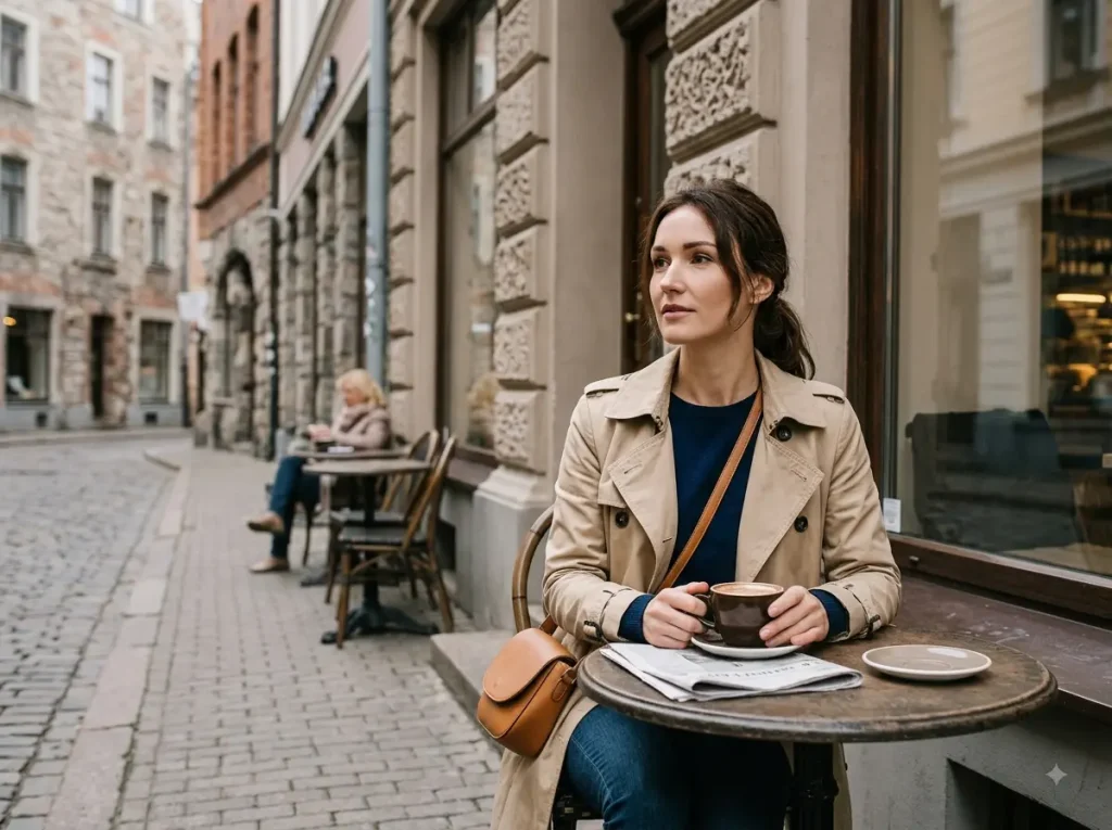 Woman in trench coat sitting at an outdoor café table in Riga