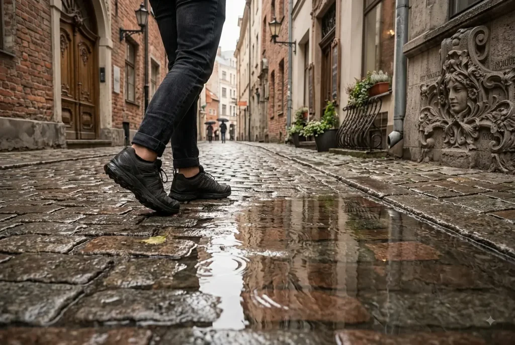 Wet cobblestone street in Riga's Old Town after rain in September